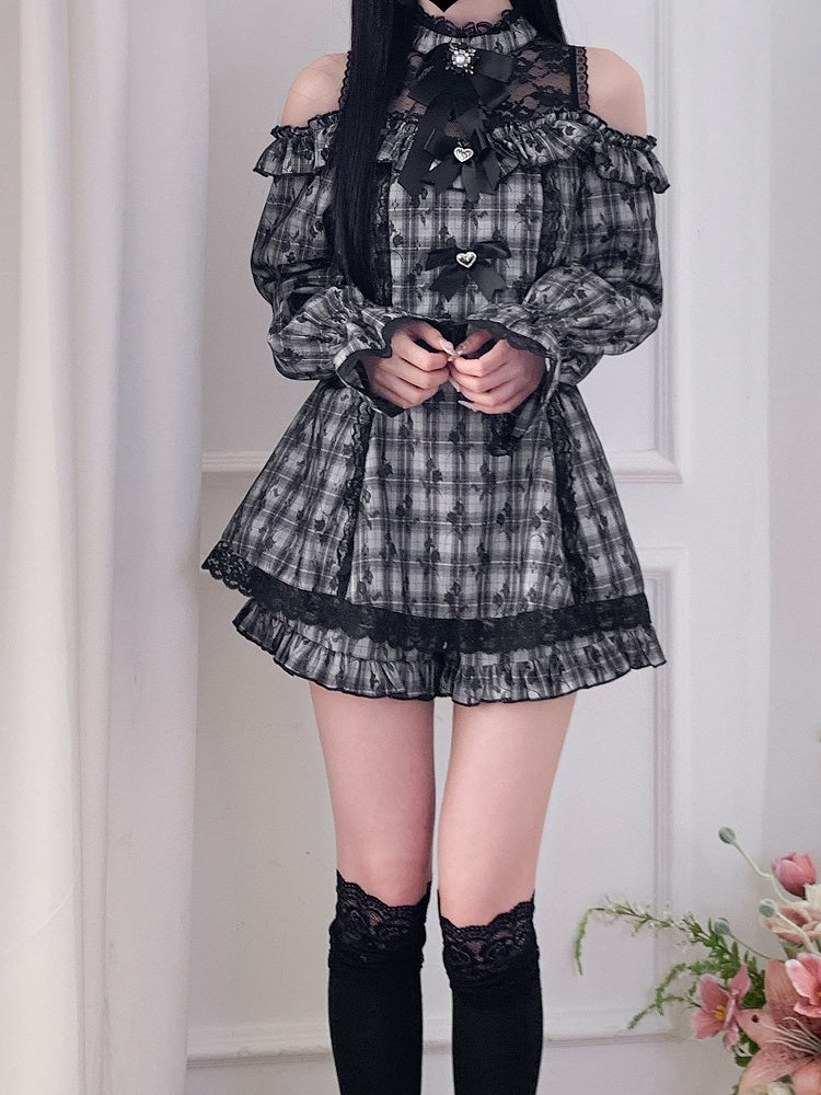 セットスカート カットアウトショルダー ミニショーツ ジライケイ イリュージョンドレス ネックライン チェック柄 フリルグレー裾