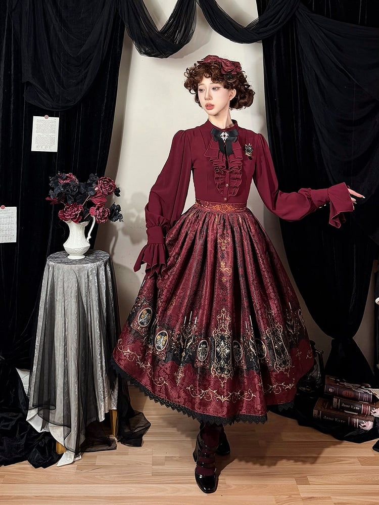Lolita Print Gothic Candelabras Lace with Trim Red Wings Skirt Bat