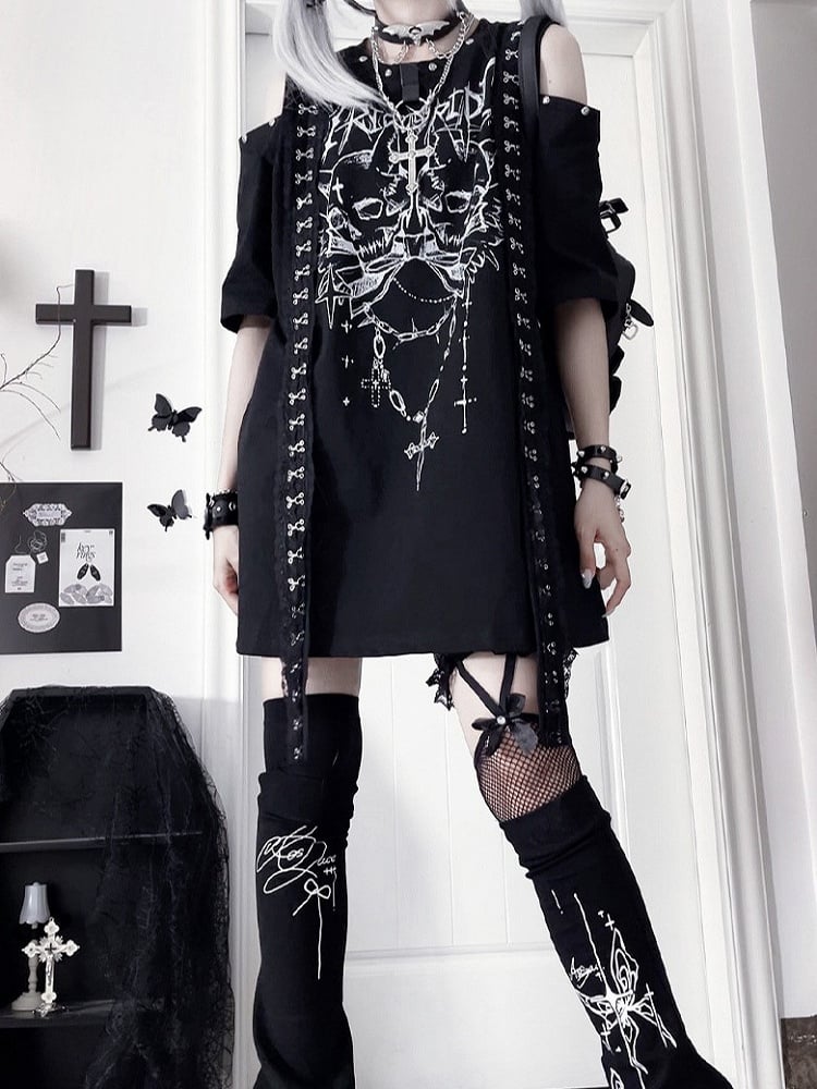PrintCutout Punk T-shirtwith Emo Cross Black White Design Gothic Shoulder