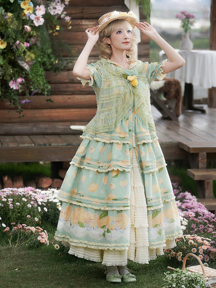 Button Lemon Print Short Skirt Placket Lolita Sleeves Tiered and Front Dress Green Chick