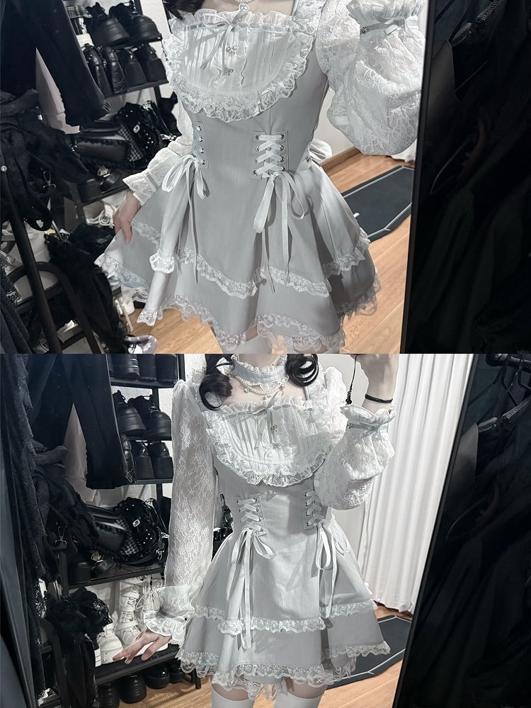 Dress Set With Choker Sleeve Lace Design White Gray Shorts Ryousangata Bead Trim Long + Chain Matching