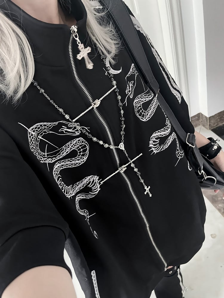 Sleeves Cheongsam EmbroideryStriped White Style Black Gothic Tracksuit Jacketwith Short Snake