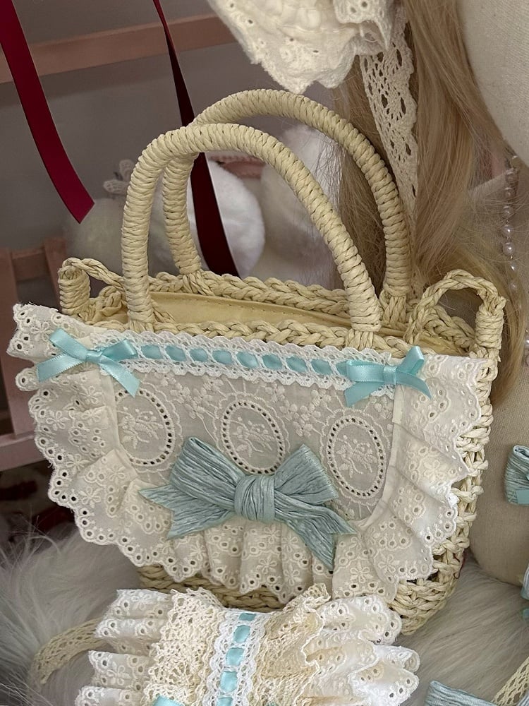 Green Light Detail Bag Straw Lace Tote Bowknot