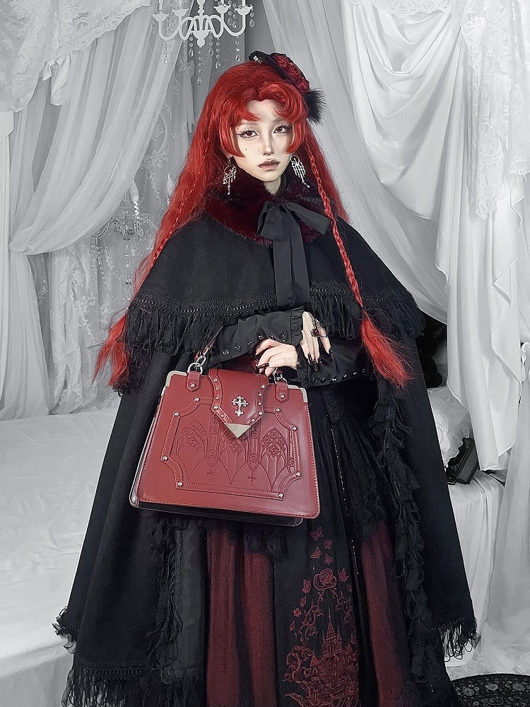 Neckline Embroidered Square Dress+Blouse+Cape+Brooch Set Red Lolita Black Gothic
