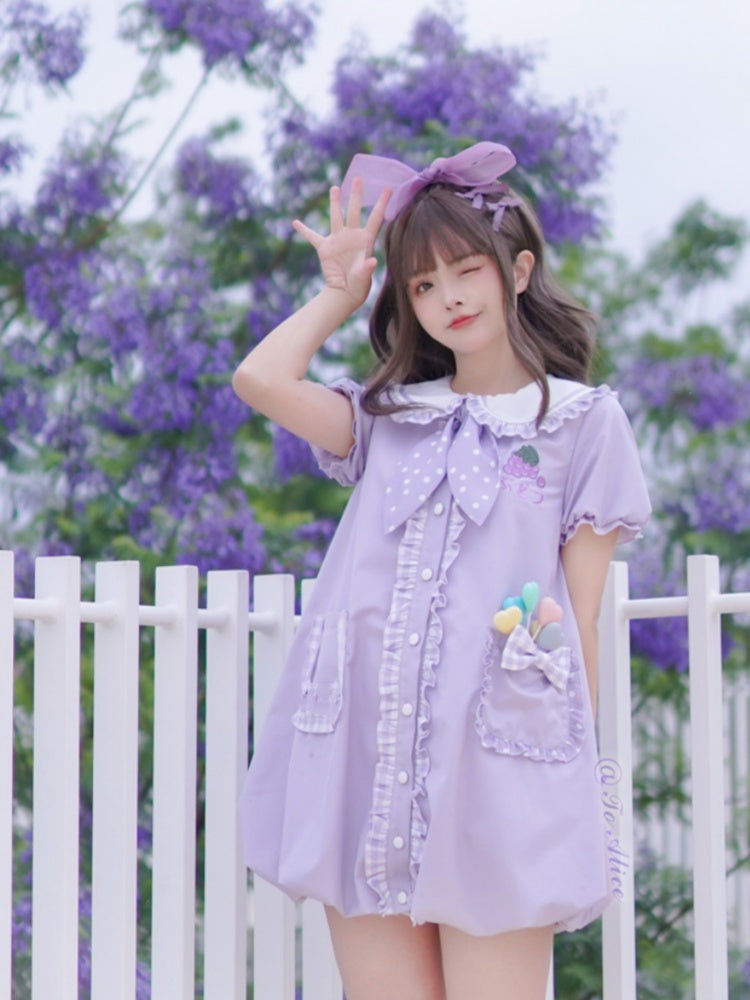 Light Purple Peter Pan Collar Puff Sleeve Grape Bubble Skirt Dress