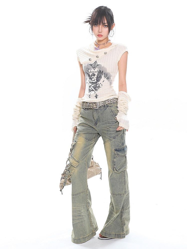 Collar Daily Knit T-shirt with Angel Print Asymmetrical Kawaii Beige