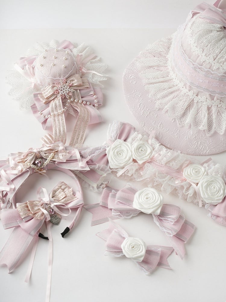 Pink Big Bow Lace Trim Snowflake Mini Hat with Beaded Chain