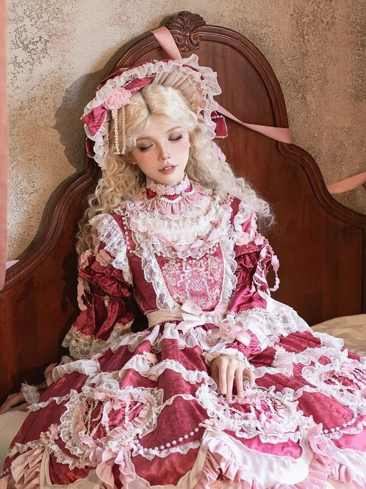 Bonnet Accents Rose Light with Bow Pink/Rose and Pink Ruffled Lolita