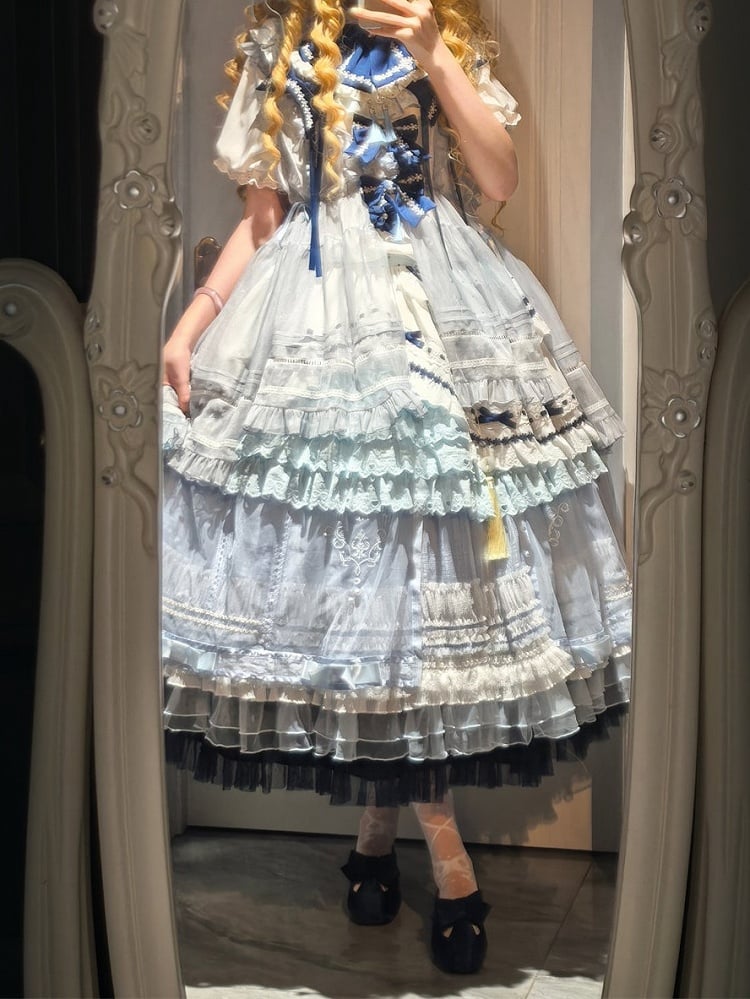 and White Banded Lolita Han Accents Blue Flower Collar Bow Dress with Puff Sleeves