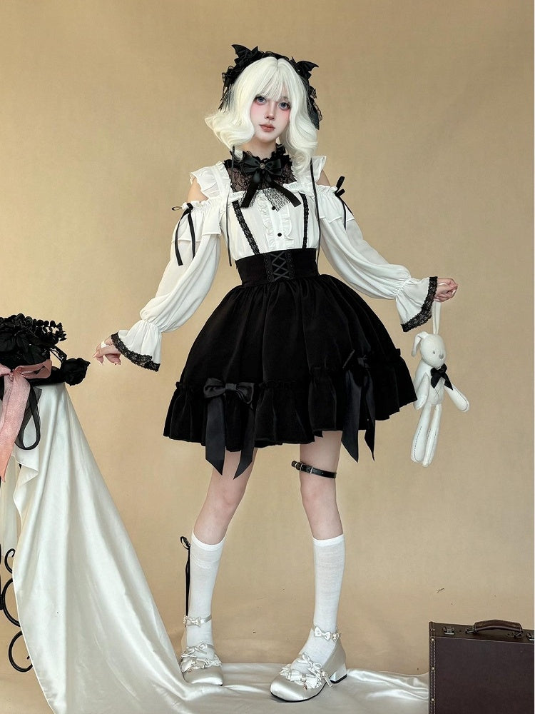 Ebon High-Waist Skirt with Bow Accents in Jirai Style - AMAHAKAWA
