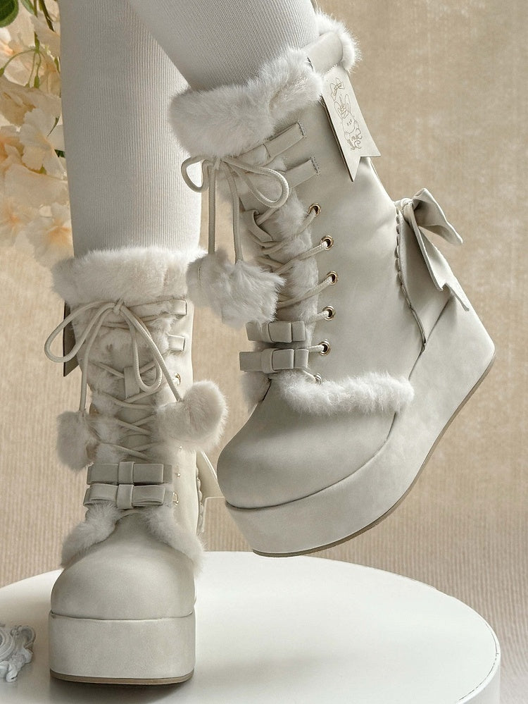 Fleece White Bow Sweet Lining Star Platform Boots Lolita Charm And Pompon Shoelaces for Heart Decor with Winter 4cm -