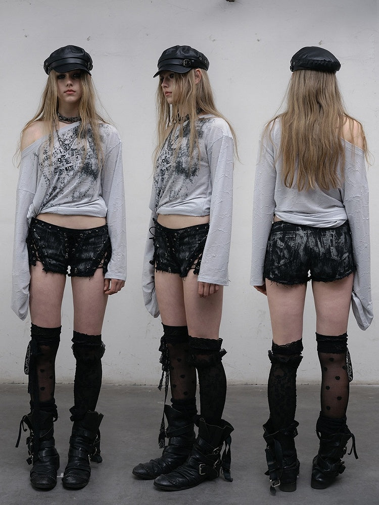 Studs Lace-up Shorts Punk Hem Raw Details Black/White Decorated Wasteland