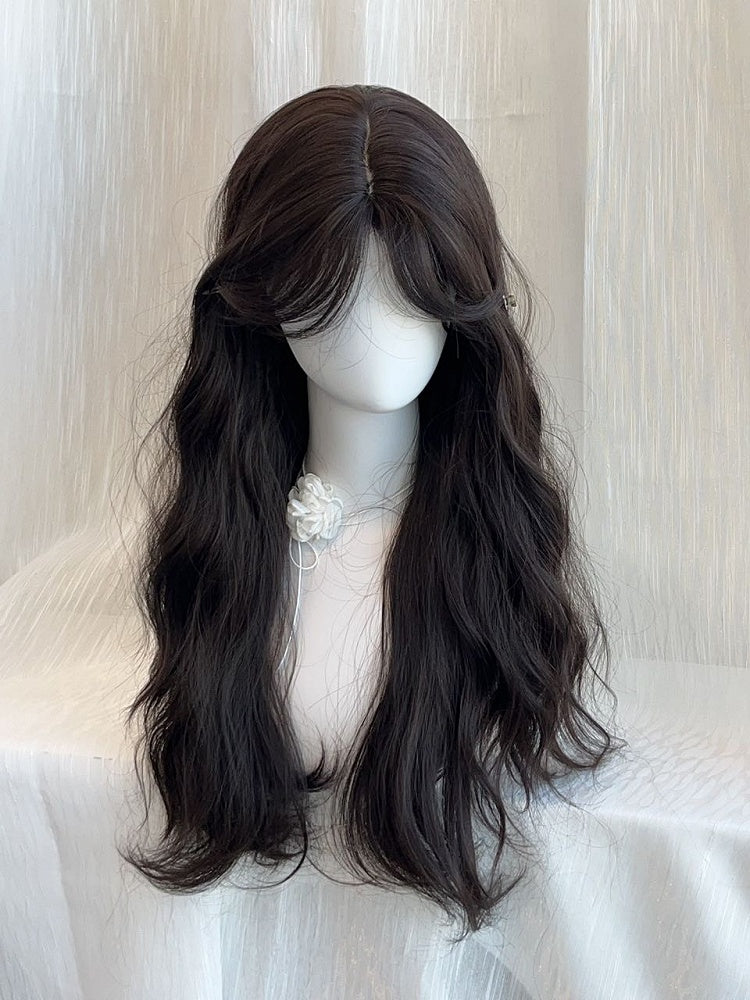 Wig Long 65CM Tea Curtain with Wavy Bangs Black