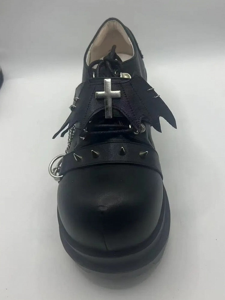 Chain Platforms Black Leather Charm PU Cross with Hybrid Detachable Embellishments Punk Stud in Fastening Matte