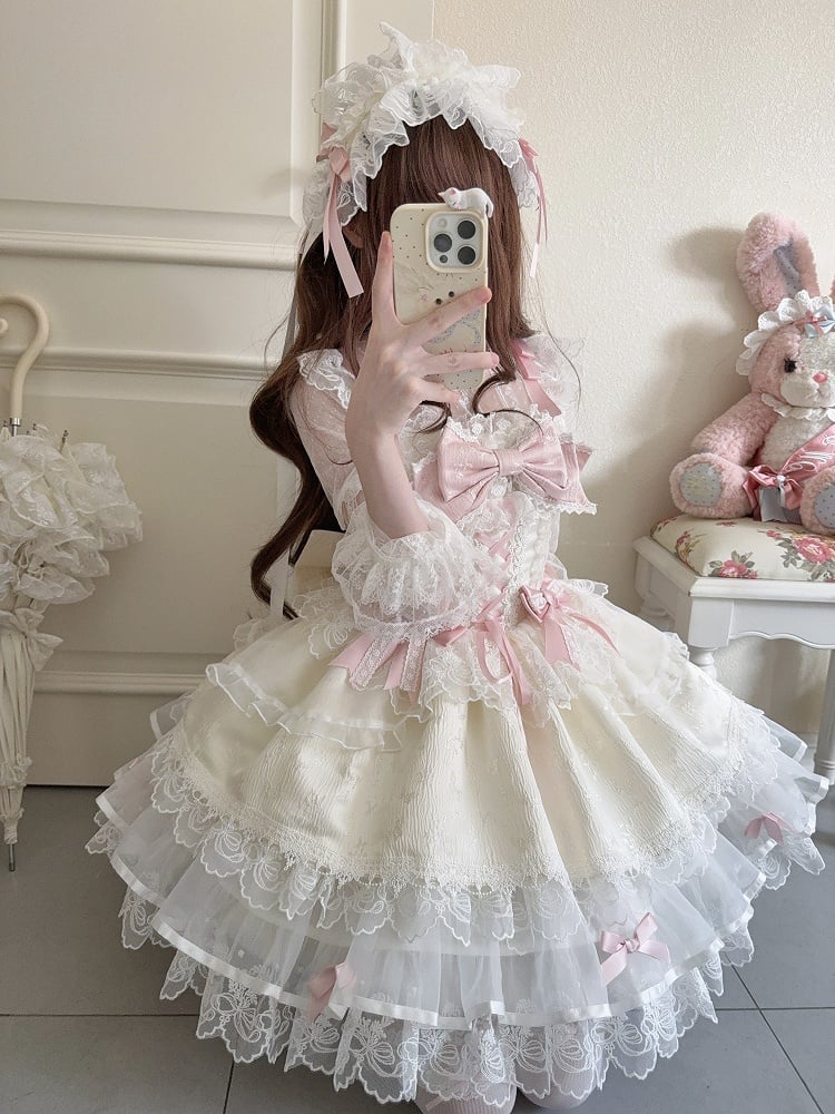 Lace / + Bow Hairband Ruffled JSK Train Princess Dress Apricot Sweet Details with Embossed Jacquard Lolita