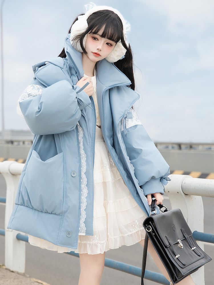 Accents Padded Bow Jacket with Blue Hooded Lace-Trimmed