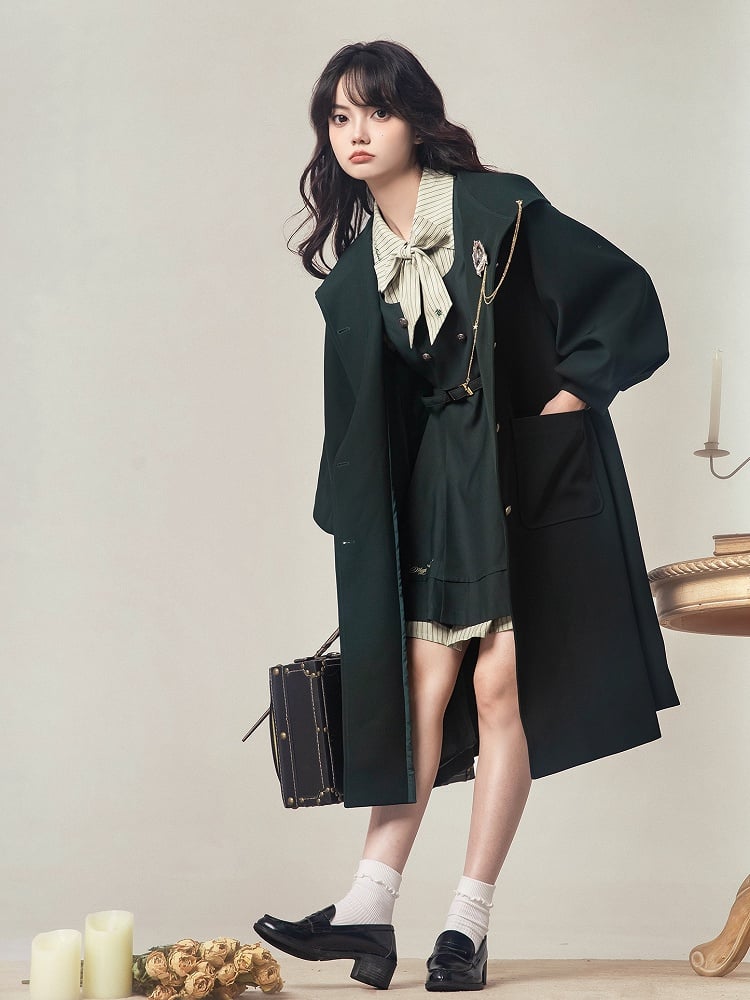 Green Preppy Hooded Balloon Sleeves Dark Long Coat