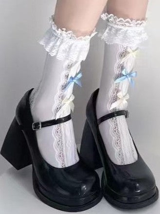 Blue Cuff Cream Ruffled Socks And Yellow Lace Bowknots