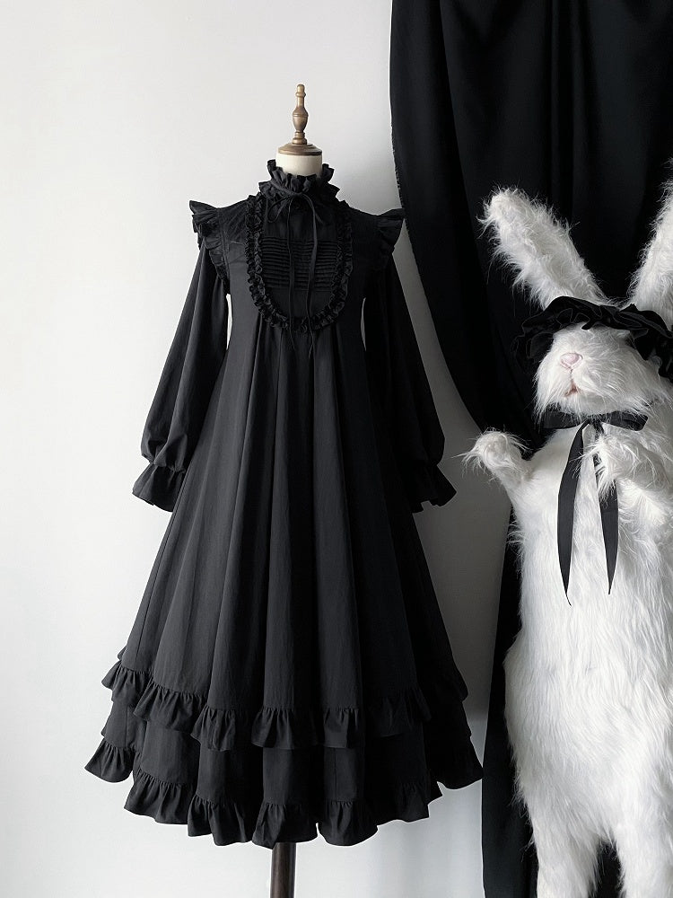 All Black High Neck Ruffled Lolita Dress with Detachable Sleeves - Blossom Herald