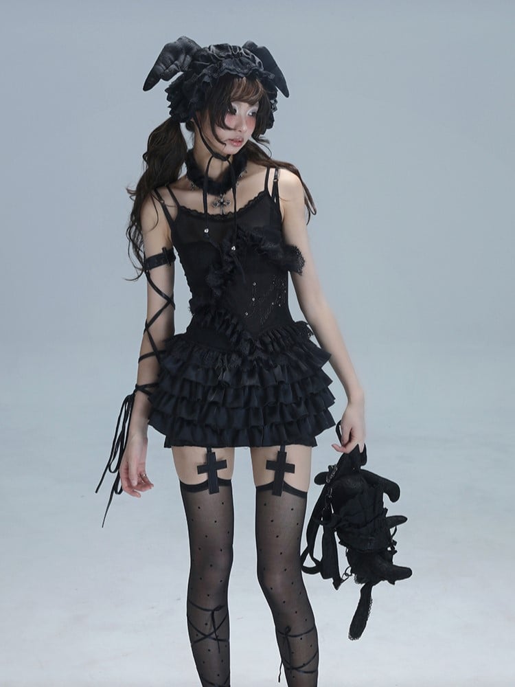 Ballet-Inspired Punk Star with Lace Black Layered Trim Top Ruffles Rhinestone Cami