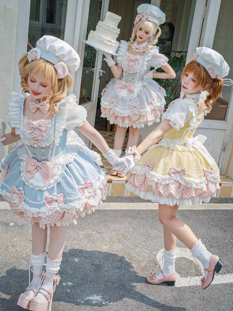 Light Purple Sweet Bow Plaid Short Sleeve Lolita OP Dress with Apron Set - Asleep Townlet