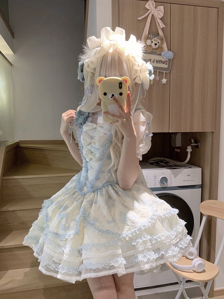 Ruffles Trimmings Lace Layered Jumper Skirt Princess Lolita Blue with Floral-Print and