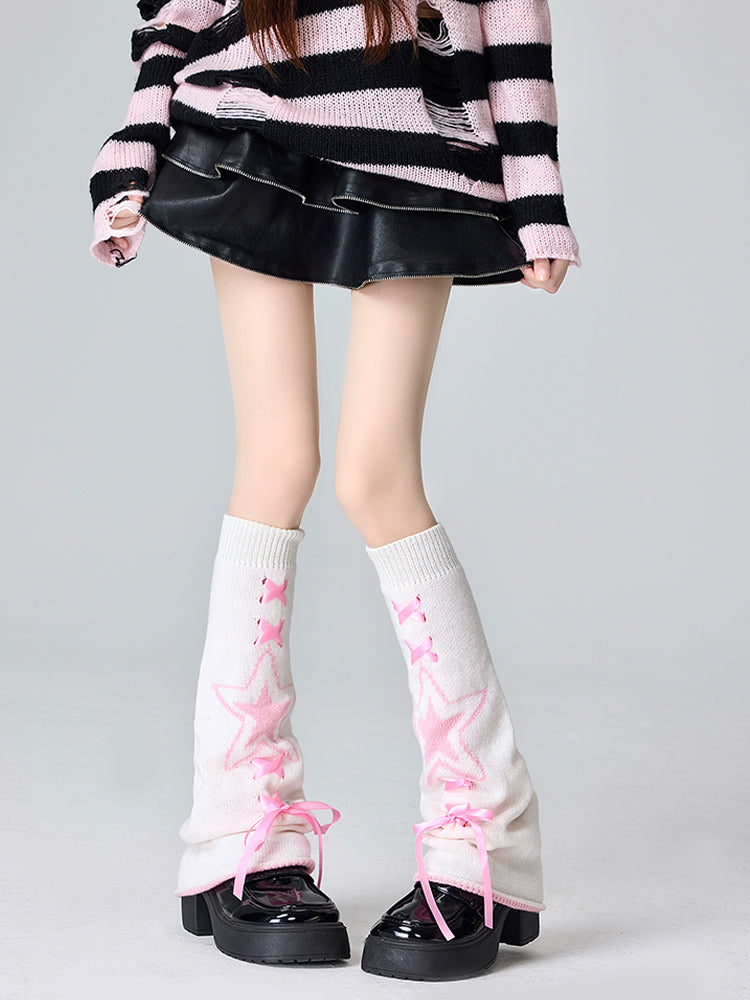 Schwarz-weiß/pink-weiße Beinwärmer mit Sternmuster und Schnürdetail