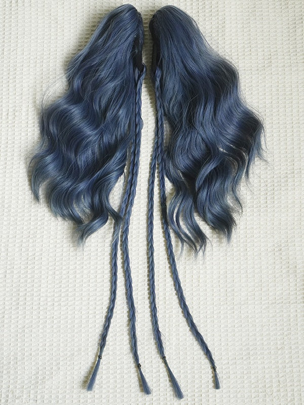 Staubblaue Bob-Kurzperücke mit Pony+Doppelt gewellte Pferdeschwanz-Krallenclips