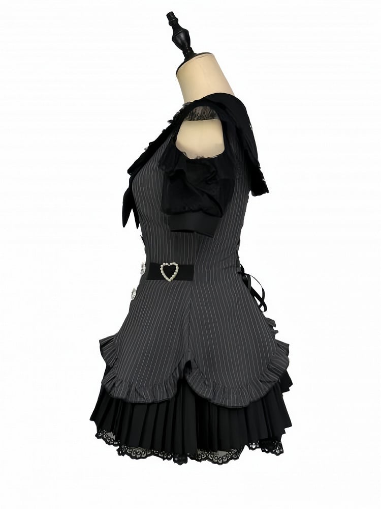 Striped Jirai Kei Sailor Collar Cutout Shoulder Pleated Dress in Black with Rhinestone Buttons Lace and Shorts - Broken Bear