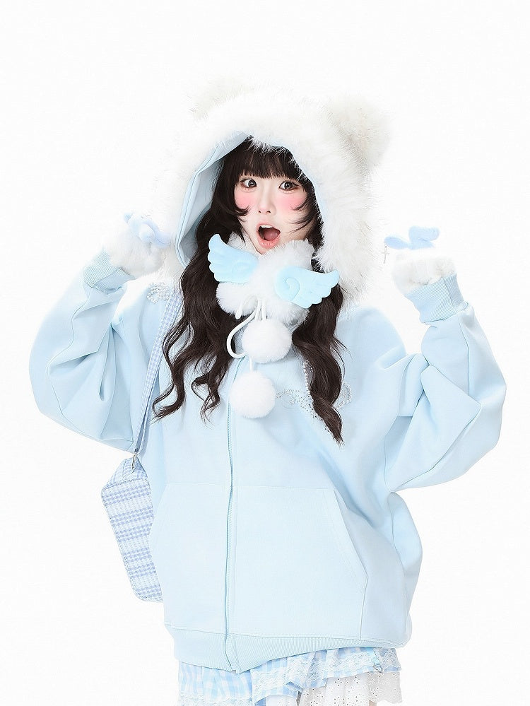 Hoodie Daily Jacket Blue/Grey/Black Rhinestone Ear Accents Kawaii Bear - Hood