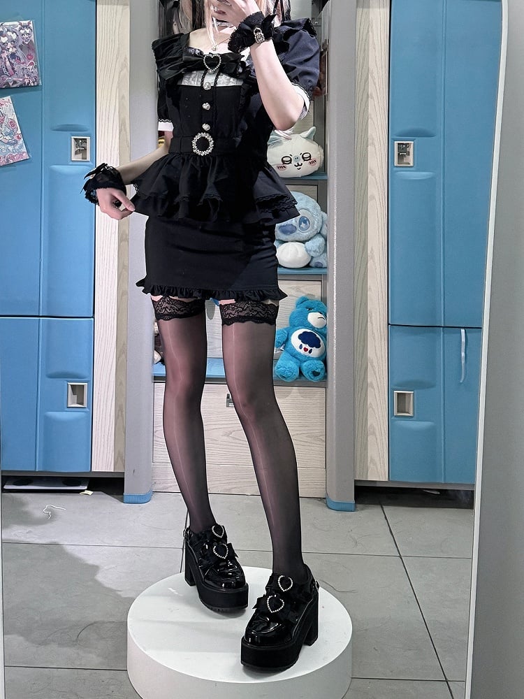 Black Jirai Aesthetic Waist Kei Refined Bodycon with Defining Dress Ruffles