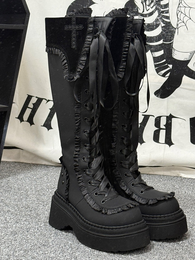 with Knee-high Ruffle Cross Gothic Regular Version Platform Boots Black Details in