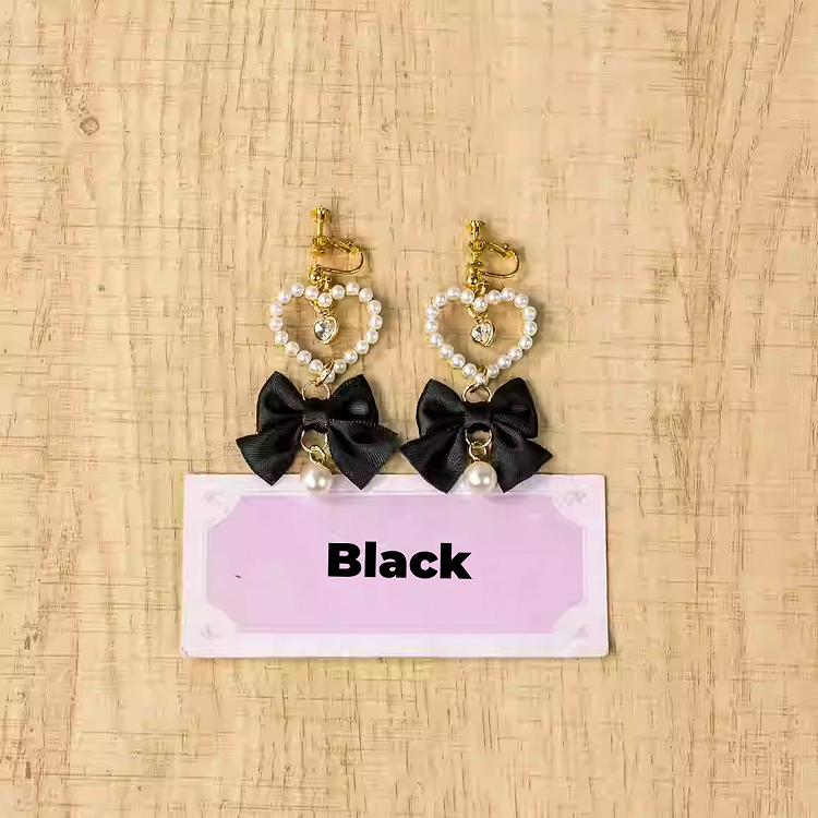 Heart Ear Clips Jirai Kei White/Dusty Beaded Pink/Blue/Black/Pink Bow