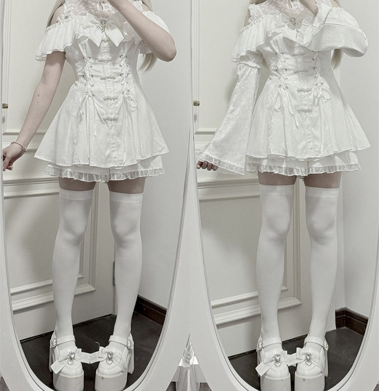 スタイルイリュージョン ボウタイ ミニドレスセット - ケイ チャイナドレス ホワイト + ショーツ ジライネックライン + ベルスリーブ