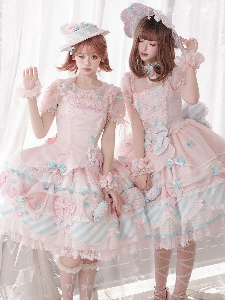 Pink Lace Sweet Lolita Wrist Cuffs with Bow and Bead Chains - Meng Fu Zi