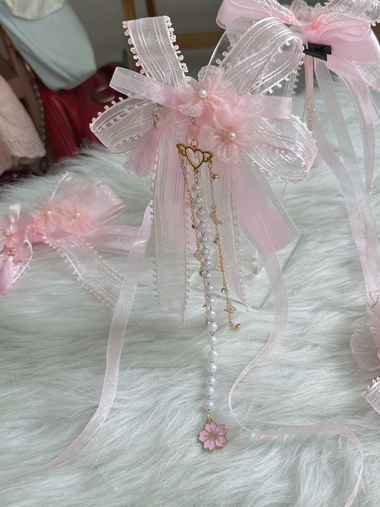 Hairclip Ribbon Pearl With Floral Bowknot Pink Lolita Chain Sweet