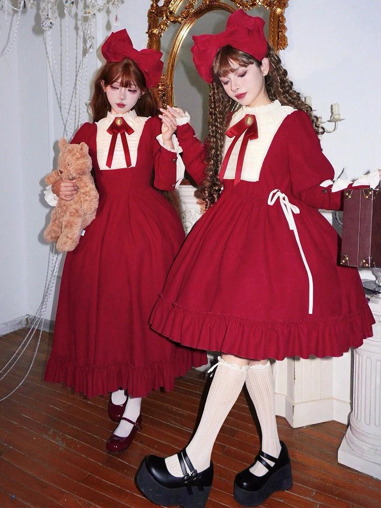 Waist Drawstring Brooch Sleeves and Red Bow Beige Juliette Dress with Lolita Version Short