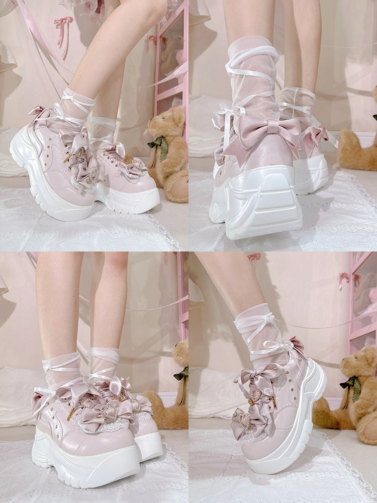 Lace-Up in Jirai Design Kei - Bow Platform Heart Details Shoes with Pink Style Rhinestone Beaded