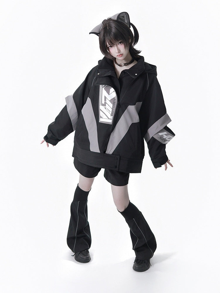 Kaiwai Cyberpunk Black - Two-Piece + Full Gray Leg Shorts Set Hair Clips Warmers Tenshi Techwear Cat Hooded Matching Jacket Ear
