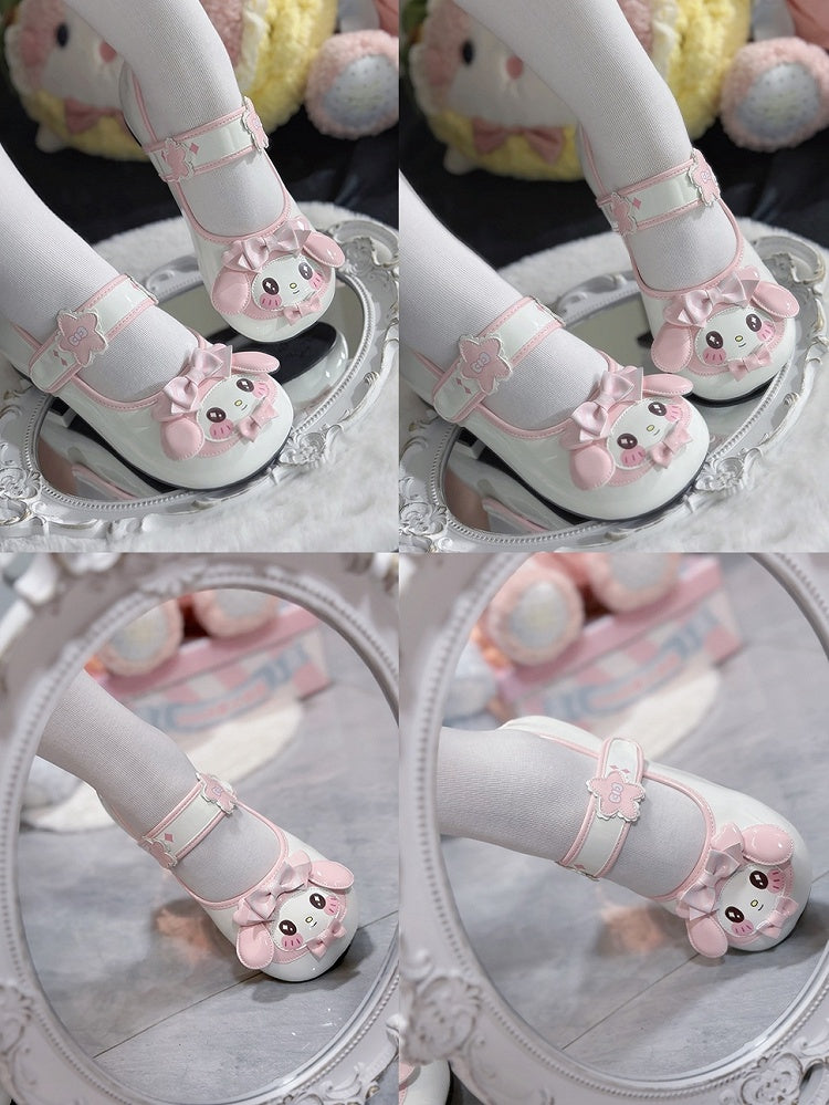 Lolita Bow Decor Toe Round - Flower Mary Accents Janes Sweet with Bunny Velcro Pink Theme