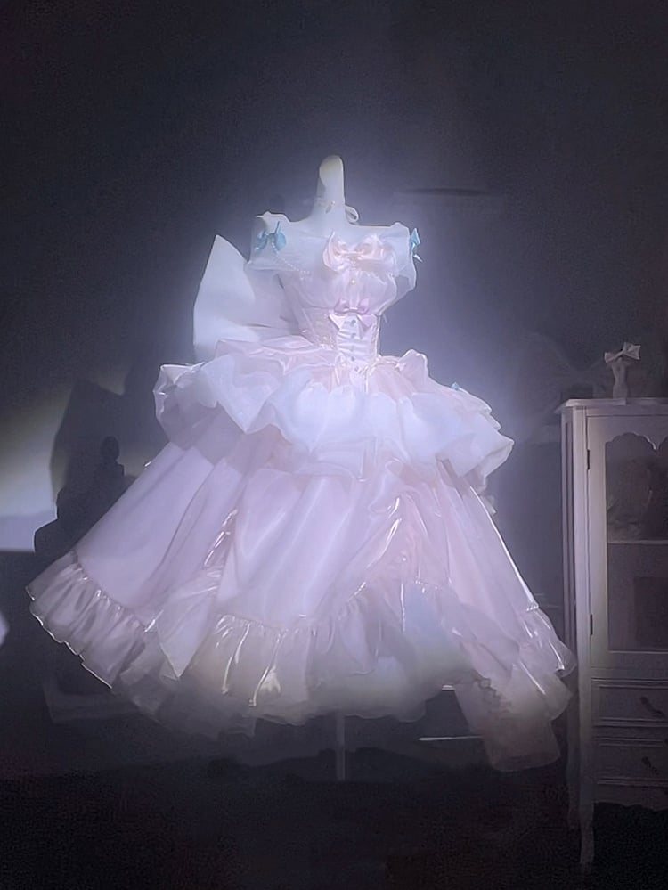 Hime trägerloses Lolita-Kleid mit großer Taille und Schleife, Ausschnitt, süßes Korsett, Rosa