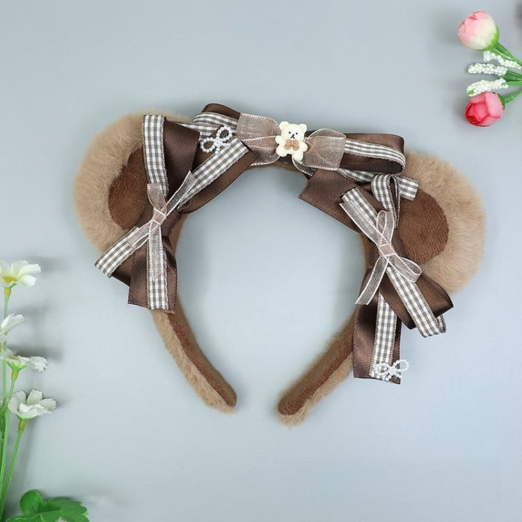 Cute Bow Red Bear Decorated Pink / KC Lolita Brown Plush Ear White Bear/Bunny