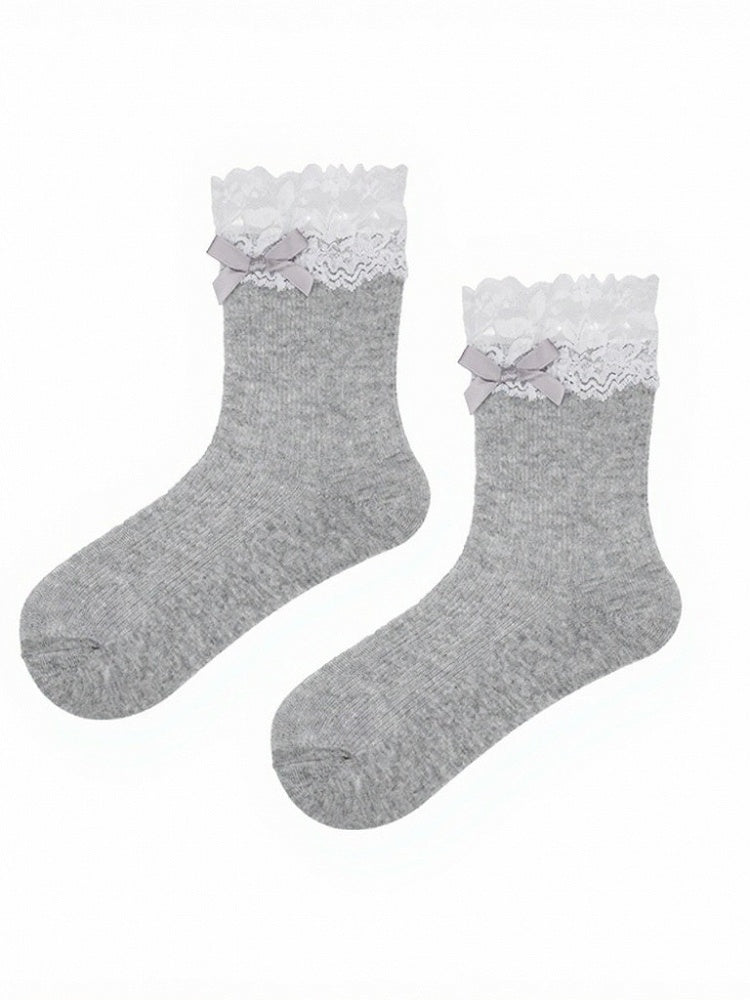 Four-Color Lace Trim Ankle Socks with Bowknot - ModaSwings