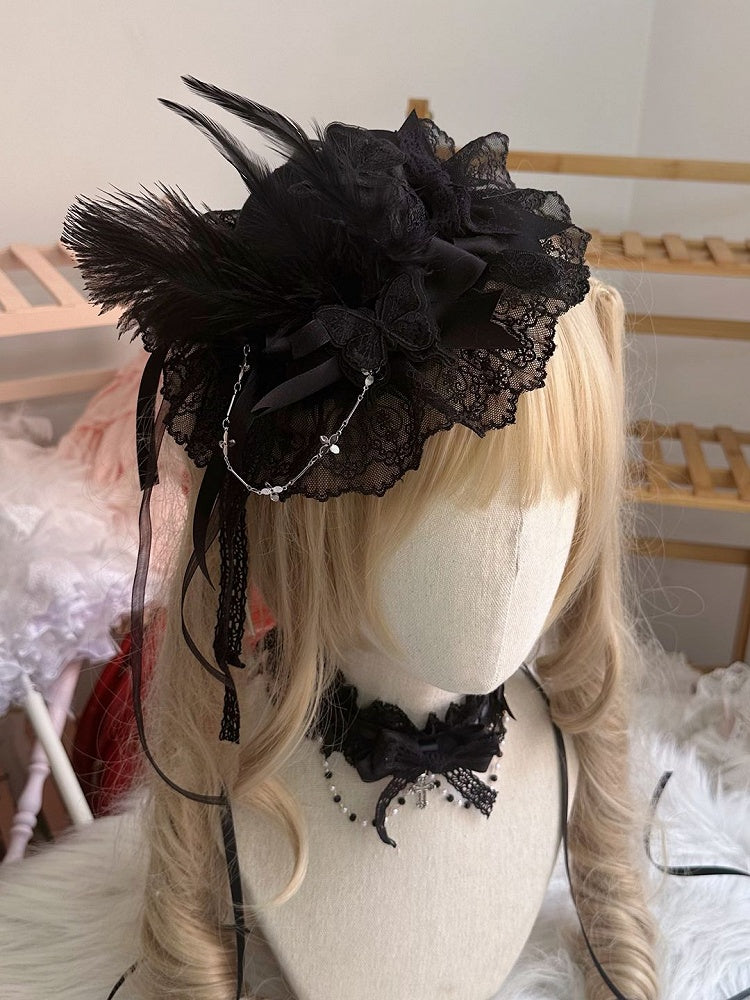 White/Black Lace Embellishment Hat Mini Butterfly with and Feather