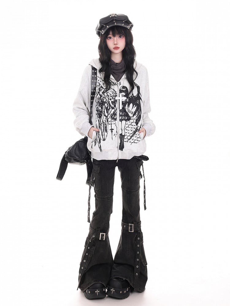 Dark Kawaii Light Gray Zip-Up Hoodie with Portrait Graffiti Print - KNOW8 Online Shop