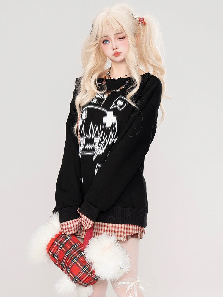 Black/White Asymmetrical Neckline Yami Kawaii Top Plaid Cuffs