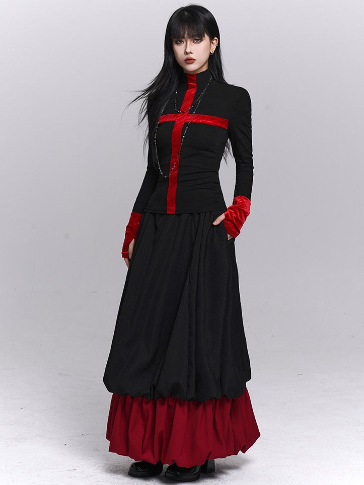 Neck Long Gothic Design Mock Cross with Sleeves Top Cuffs Black Thumbhole Red