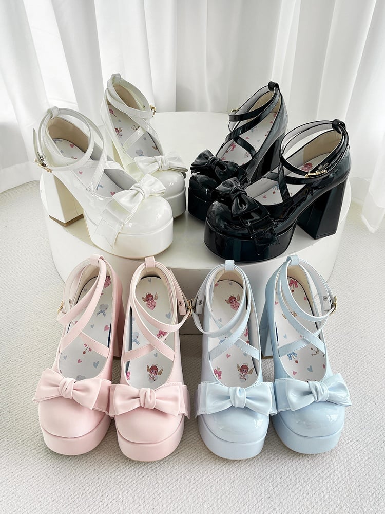 Crisscross Ankle Strap 11cm High Heels with Black Bow at Top, Size 38 - JIU JIU Lolita