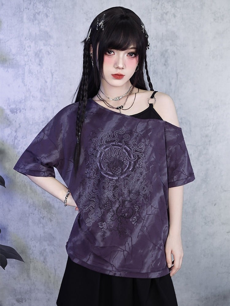 Gothic Purple Faux Two-Piece Off-Shoulder Tee with Sea Lily Print - Quirky Hut