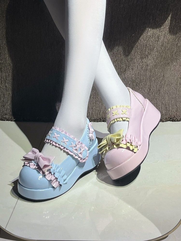 Kawaii Blue-Pink Lolita Round Toe Shoes with Cross & Ruffle